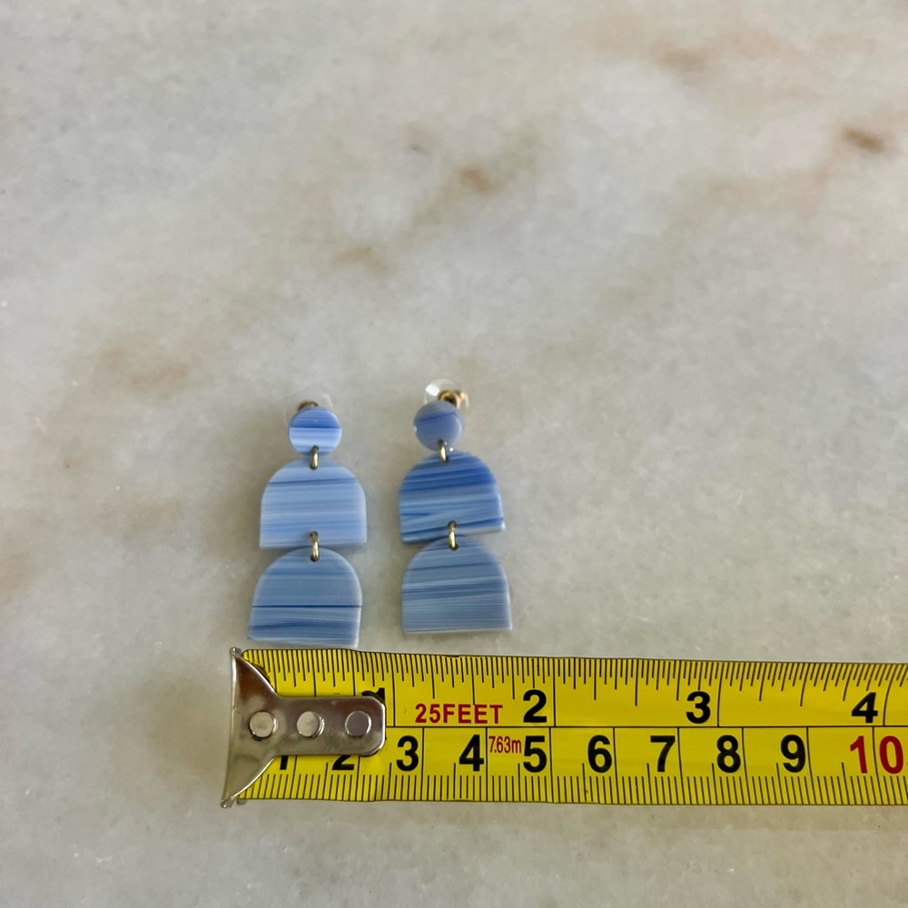Madewell Earrings Art Deco Dangly Contemporary Modern Light Sky Blue Gold Stripe - Picture 5 of 5